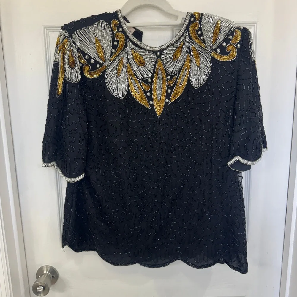 Vintage Lawrence Kazar Silk Women's XL Beaded Short Sleeve Shirt Shoulder Pads